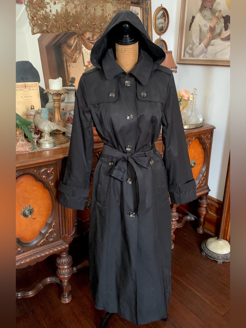Vintage Like-New London Fog Collection Long Gothic Classic Hooded Trench Coat